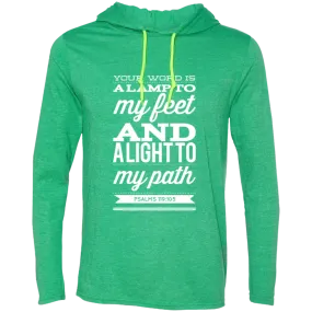 Bible Verse Men Long Sleeve T-Shirt Hoodie - Your Word Is Light To My Path ~Psalm 119:105~ Design 15 (White Font)