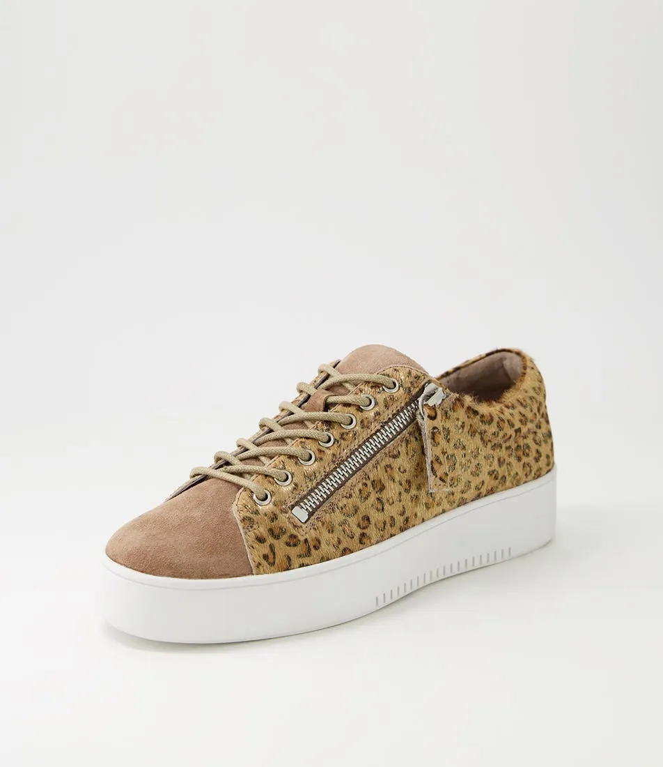 DJANGO & JULIETTE Laila Camel Gold White Suede Pony Sneakers