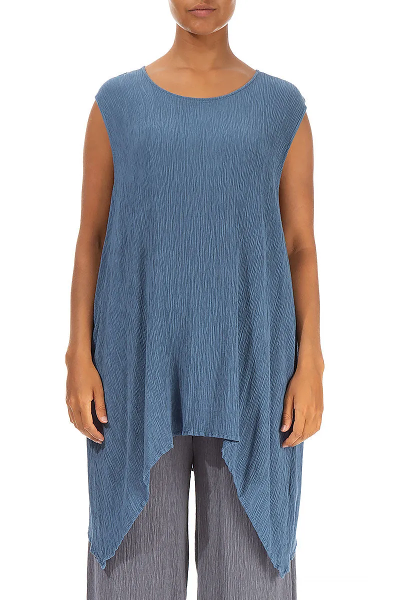 Dropped Edge Crinkled Denim Blue Silk Viscose Tunic