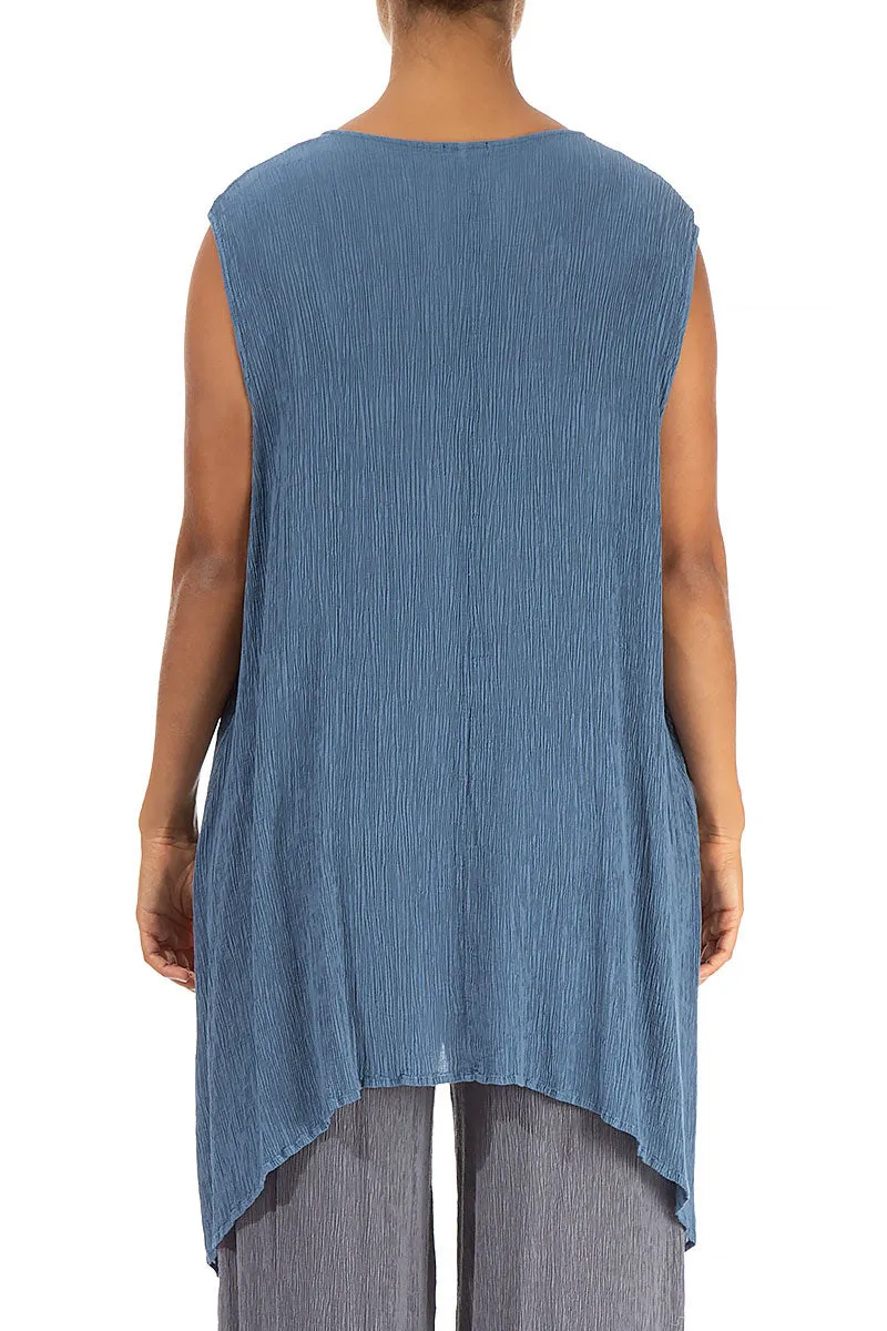 Dropped Edge Crinkled Denim Blue Silk Viscose Tunic