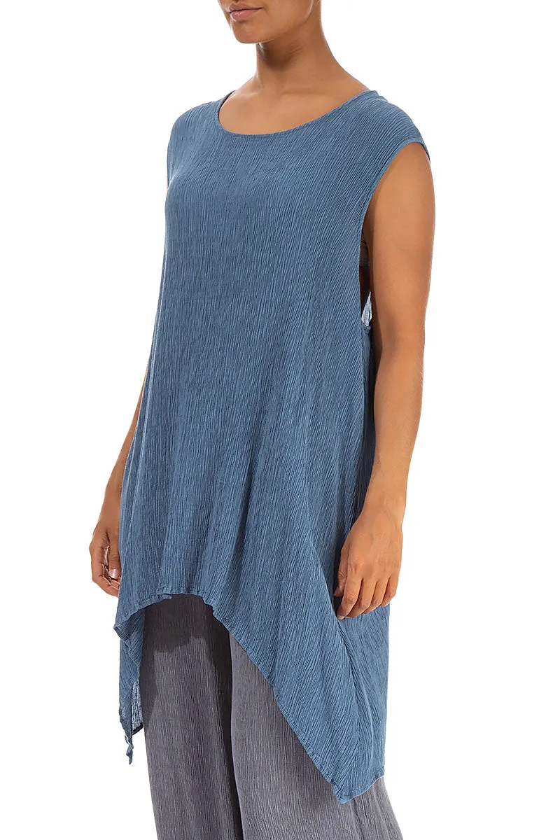 Dropped Edge Crinkled Denim Blue Silk Viscose Tunic