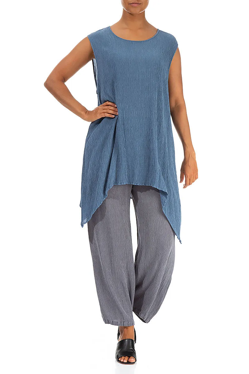 Dropped Edge Crinkled Denim Blue Silk Viscose Tunic