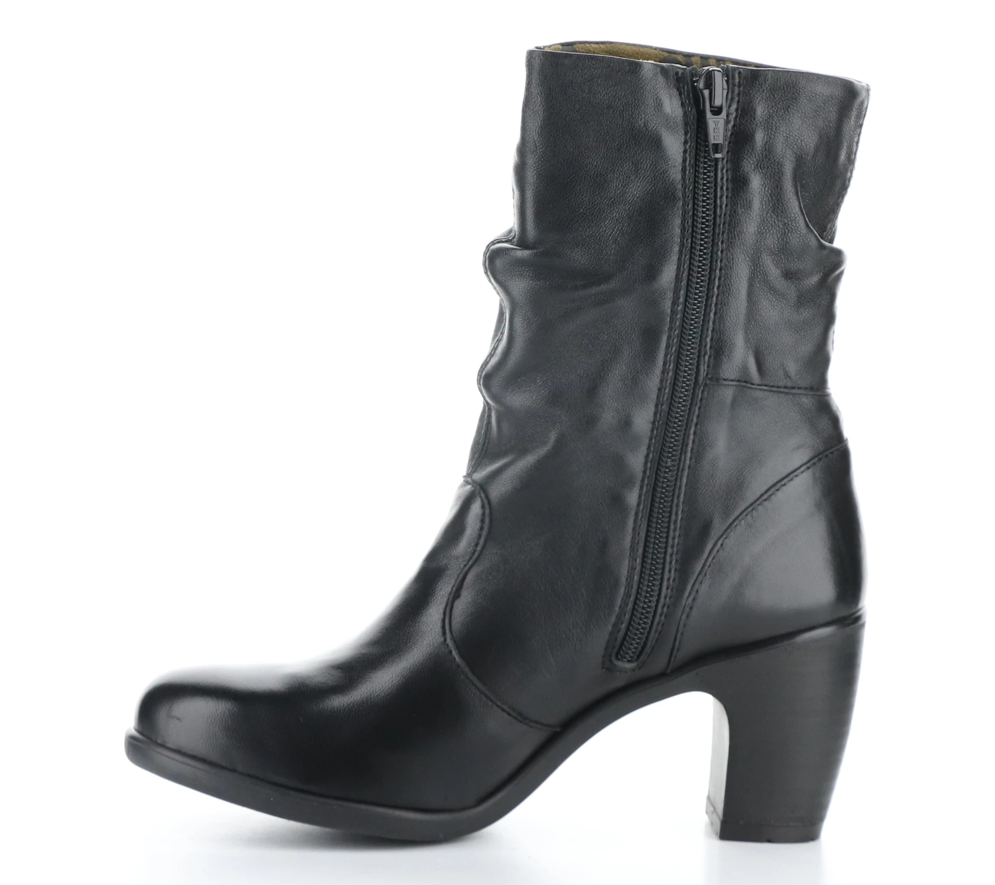 Fly London Ruched Leather Heeled Boot- Klei