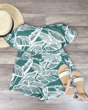 Leaf Print Strapless Romper in Green