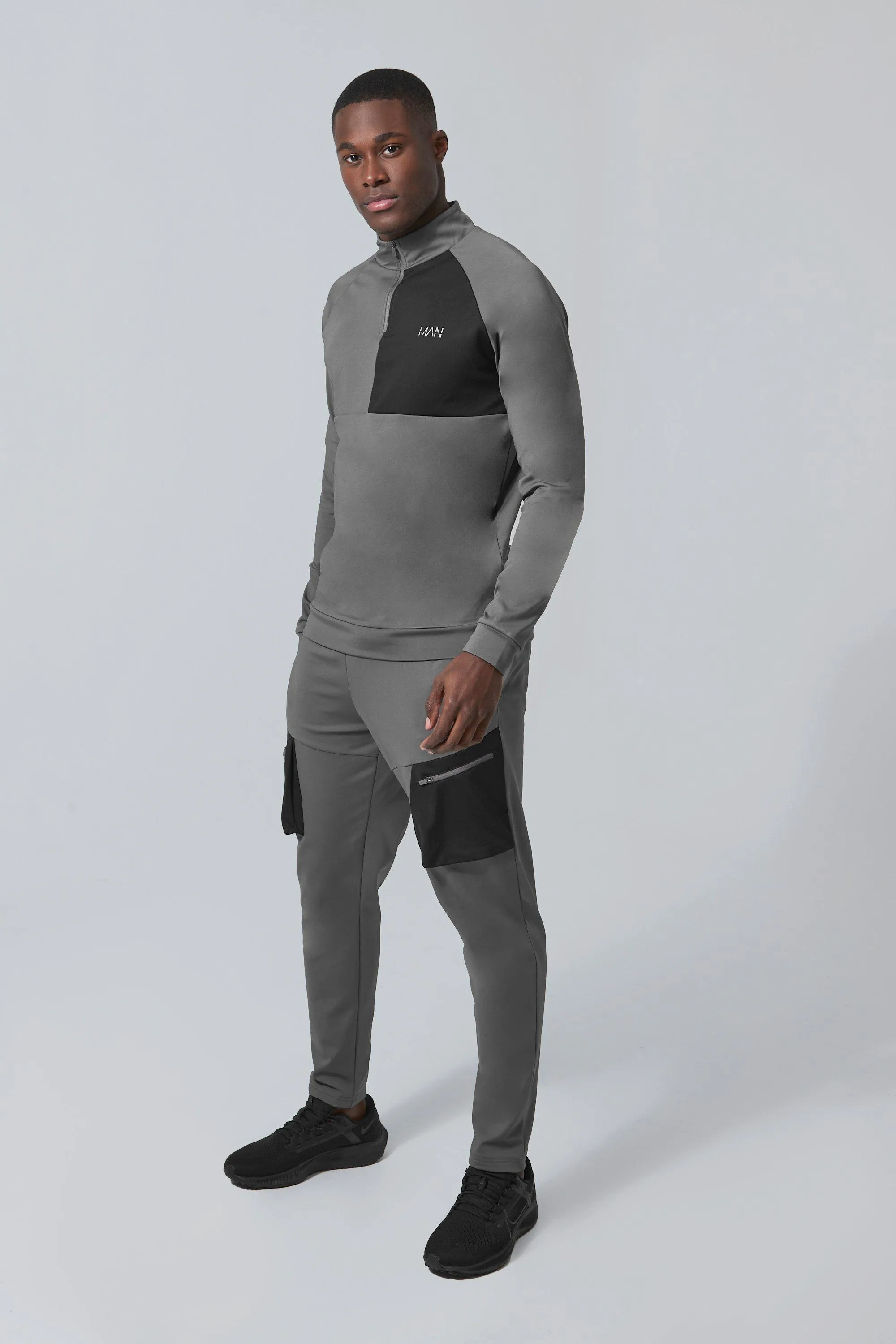 Man Active Cargo Performance Funnel Neck Tracksuit | boohooMAN UK