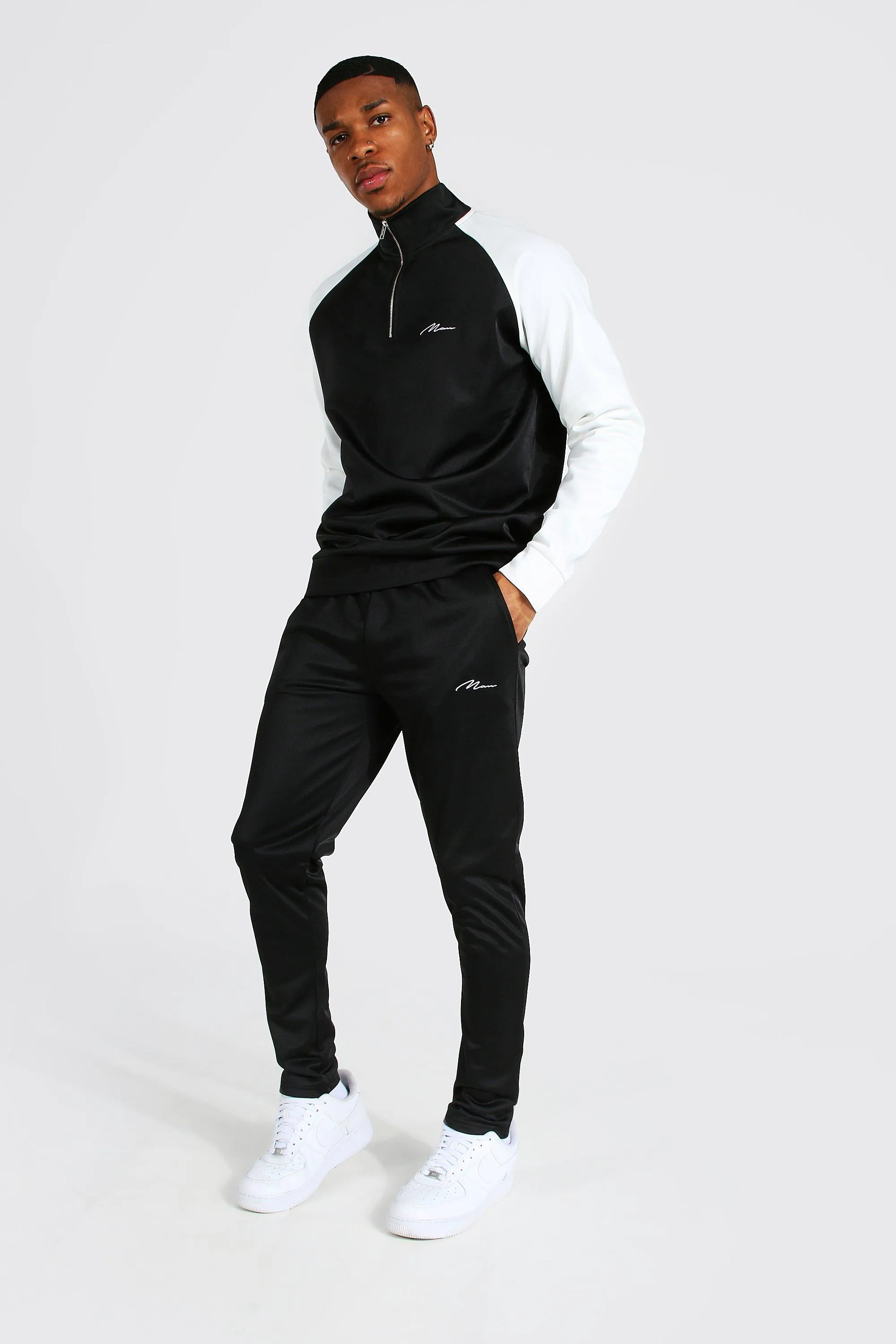 Man Tricot Funnel Neck Contrast Tracksuit | boohooMAN UK