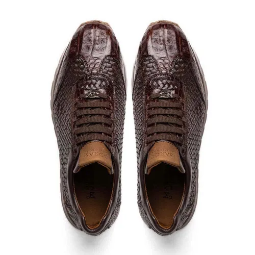 Marco Di Milano Roma Woven Brown Calfskin and Caiman Crocodile Sneakers