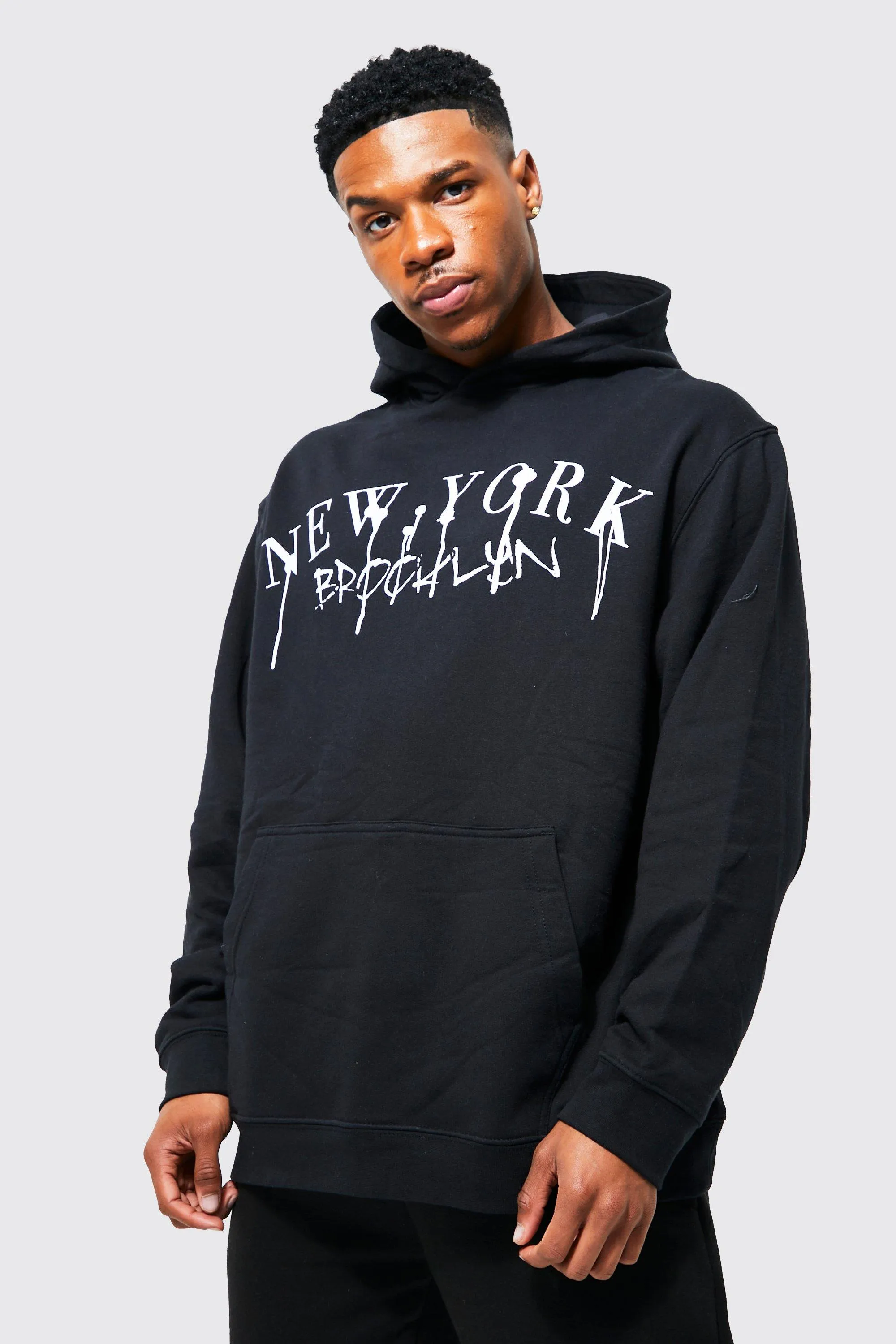 Oversized Ny Brooklyn Drip Print Hoodie | boohooMAN UK