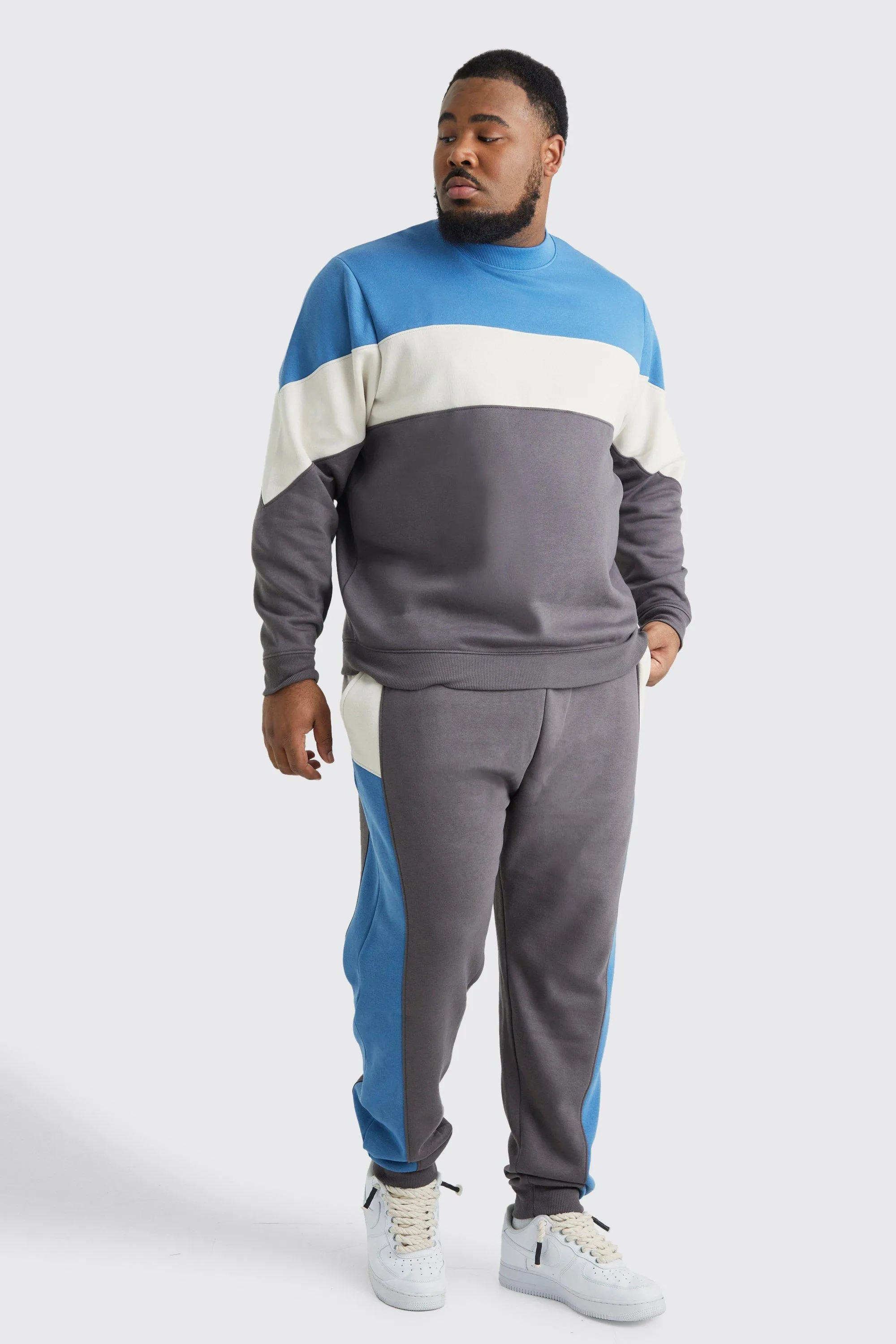 Plus Colour Block Sweatshirt Tracksuit | boohooMAN UK