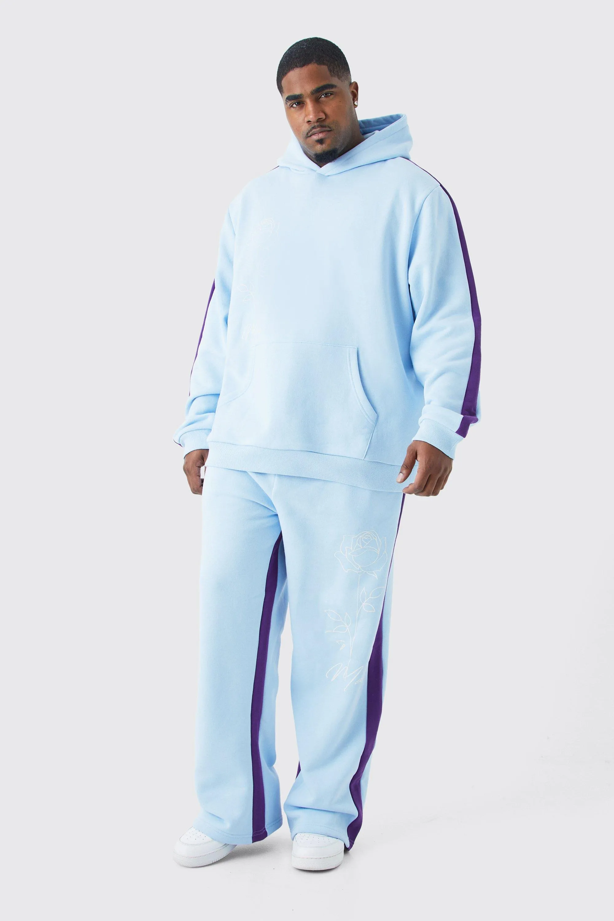 Plus Man Rose Print Gusset Hooded Tracksuit | boohooMAN UK