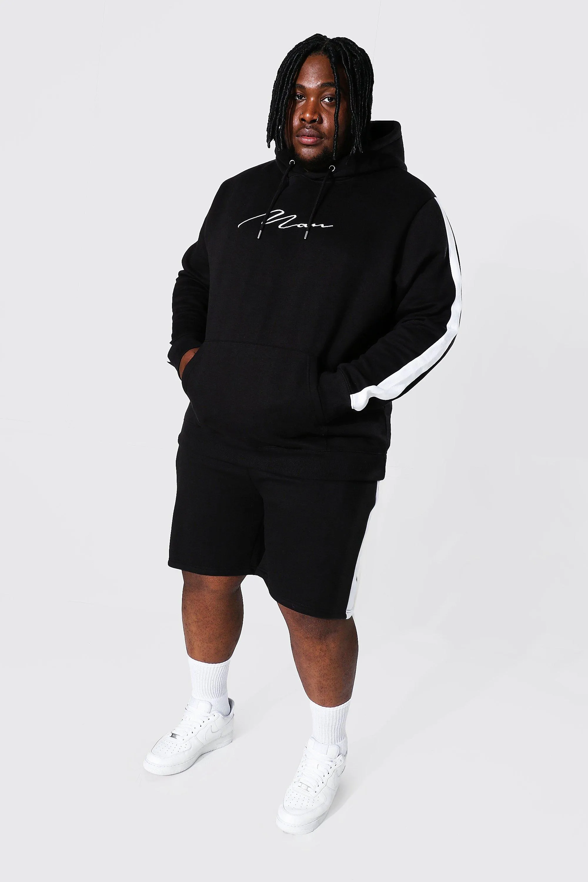 Plus Man Script Side Panel Short Tracksuit | boohooMAN UK