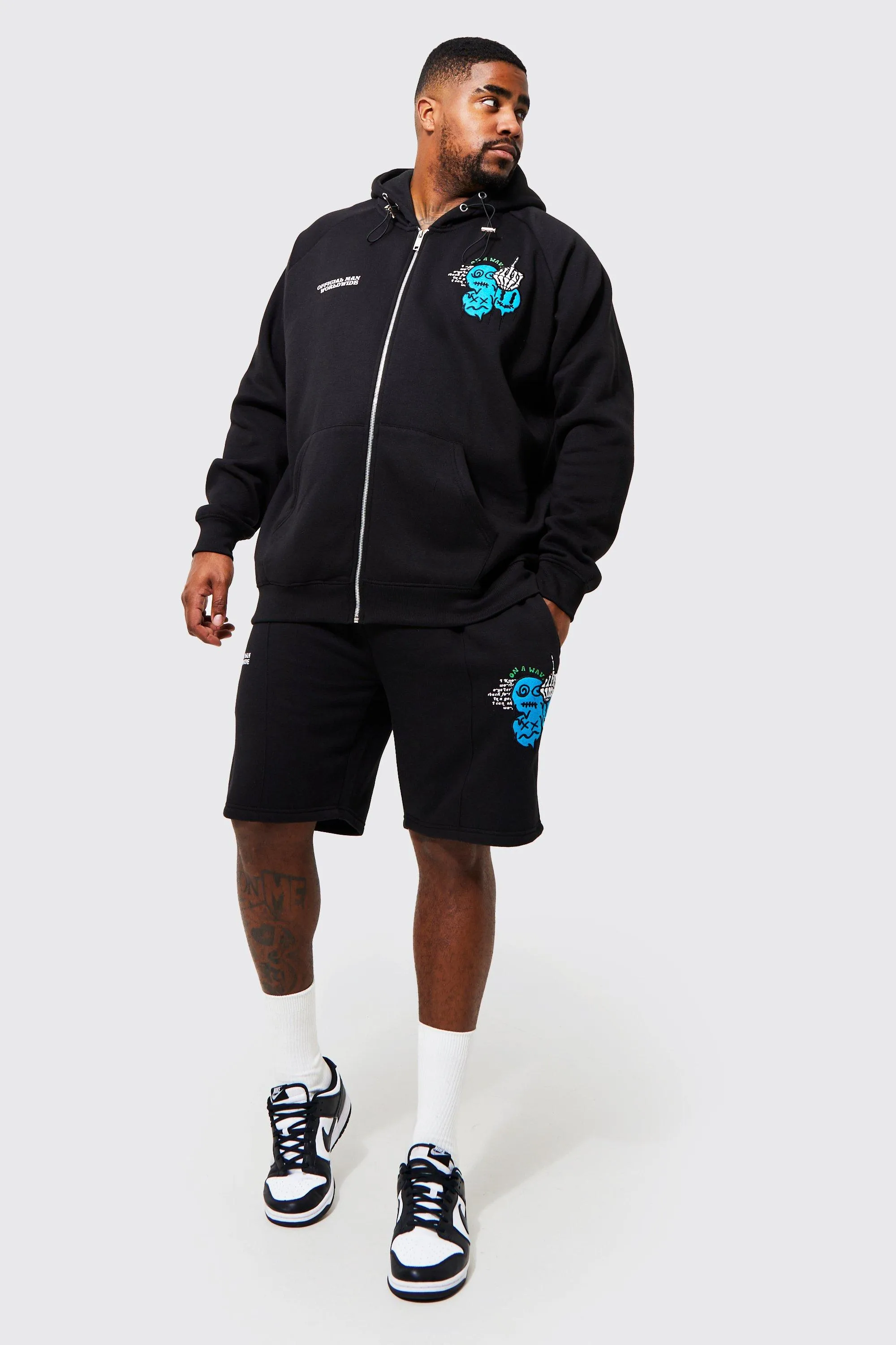 Plus Zip Through Applique Short Tracksuit | boohooMAN UK