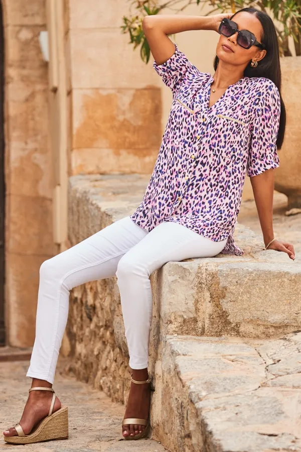 Purple Animal Print Button Front Tunic Top