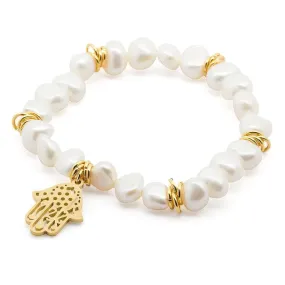 Stainless Steel Hamsa Hand Bracelet Gold Plated Pearl