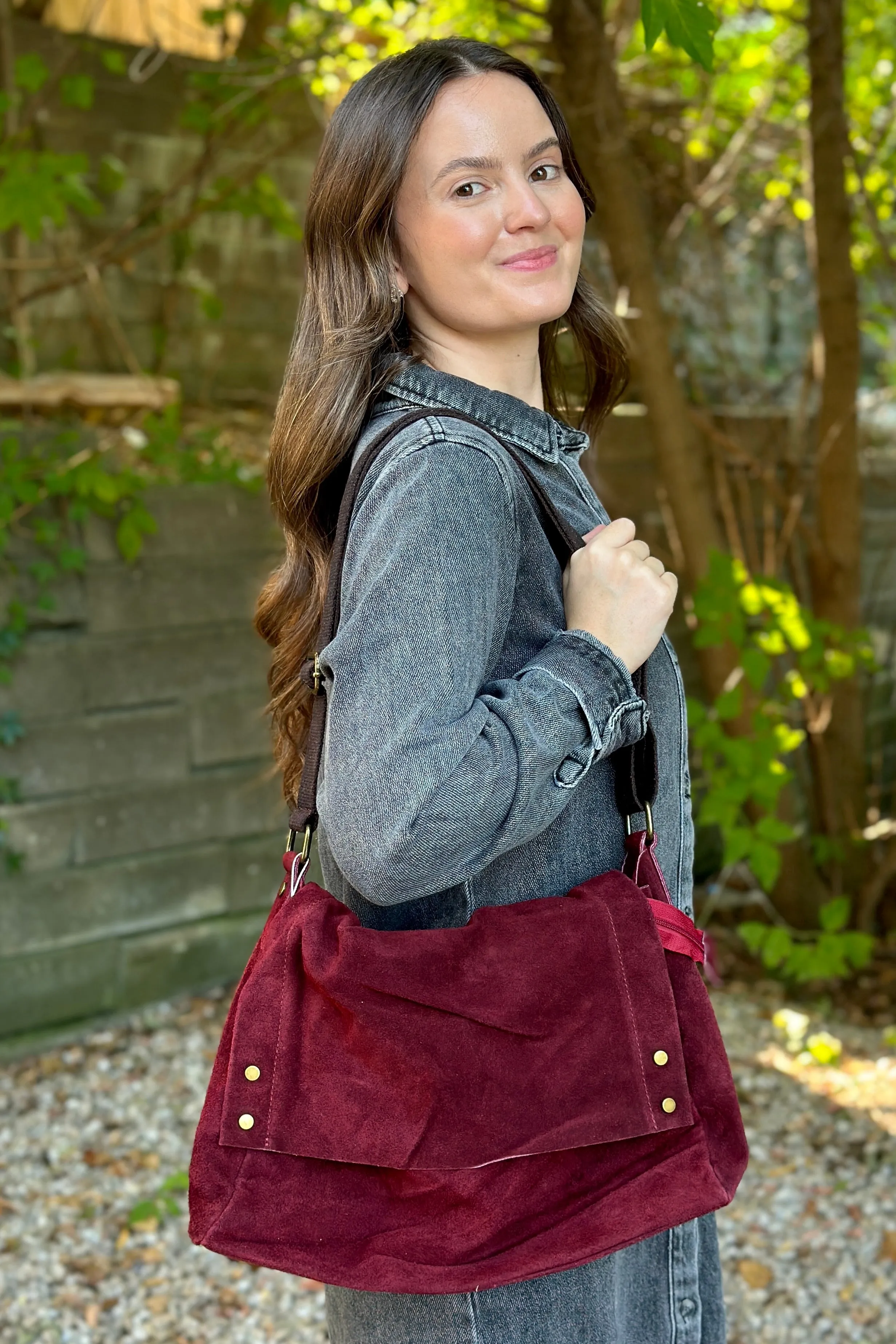 Suede Shoulder Bag With Studs - Bordeaux