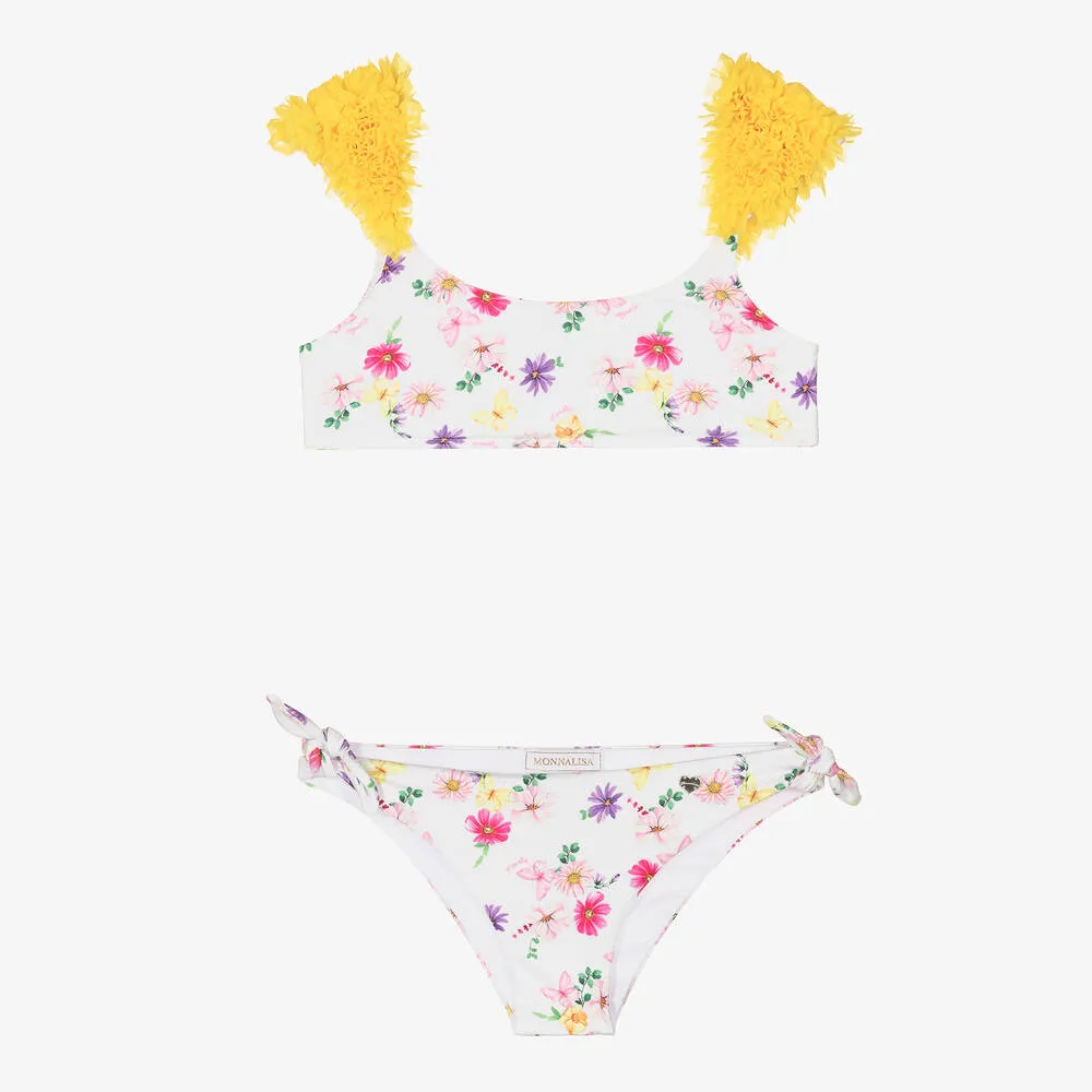 Teen Girls White Floral Ruffle Bikini