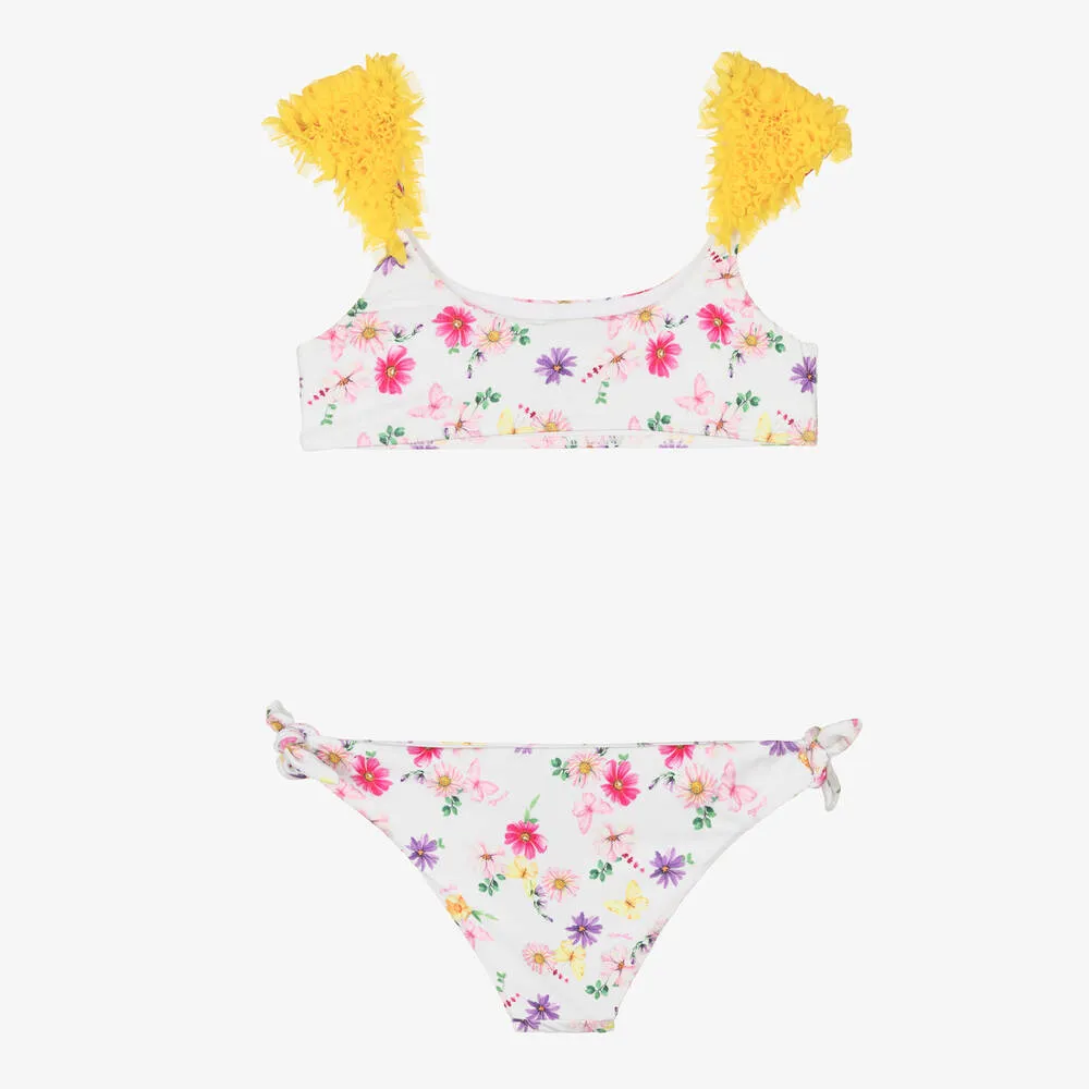 Teen Girls White Floral Ruffle Bikini