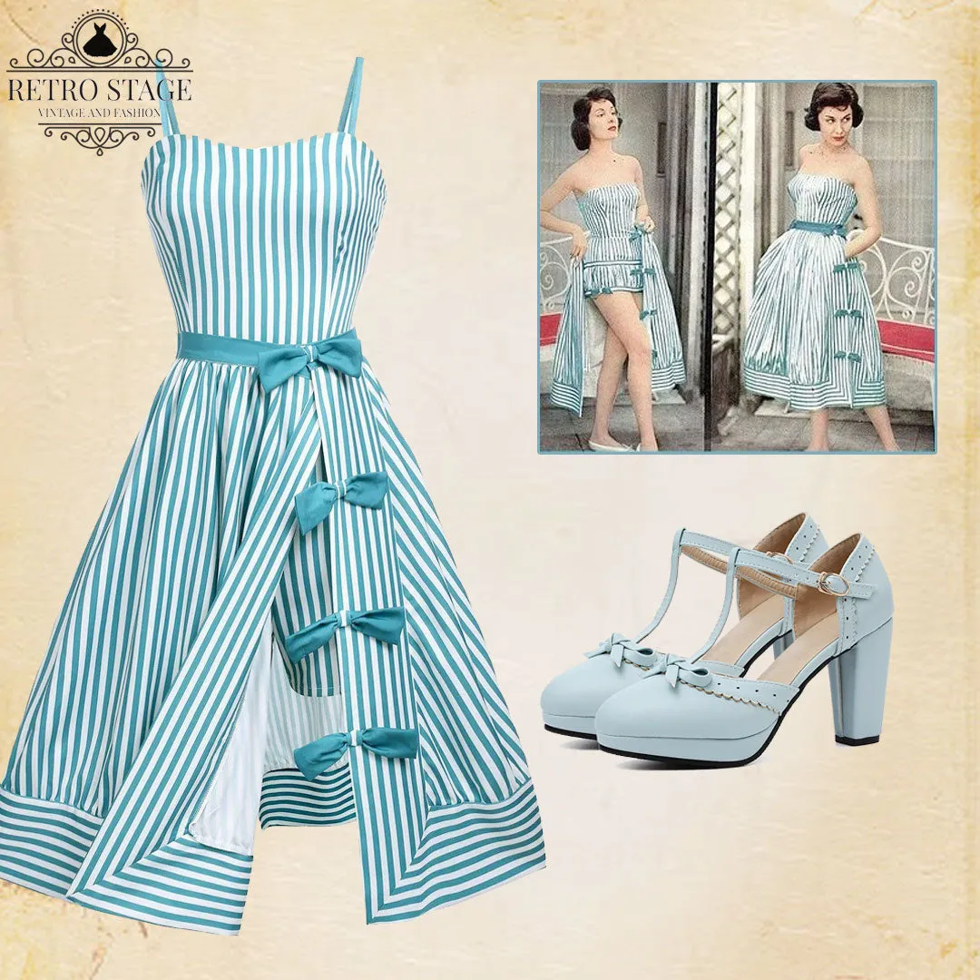 Turquoise 1950s Stripes Romper & Skirt